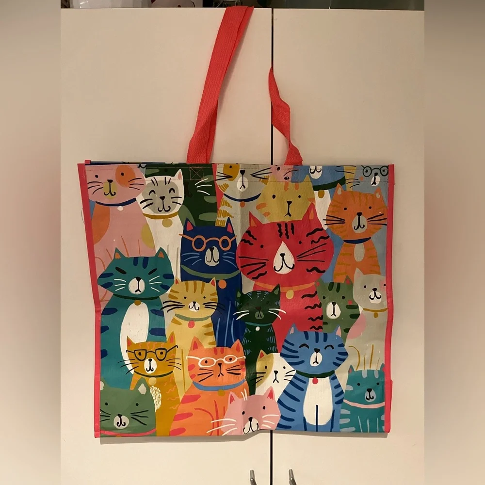 Colorful Large Kitty CATS Pattern Reusable Tote Bag - Pink Handles Cat lovers!! - Picture 1 of 7